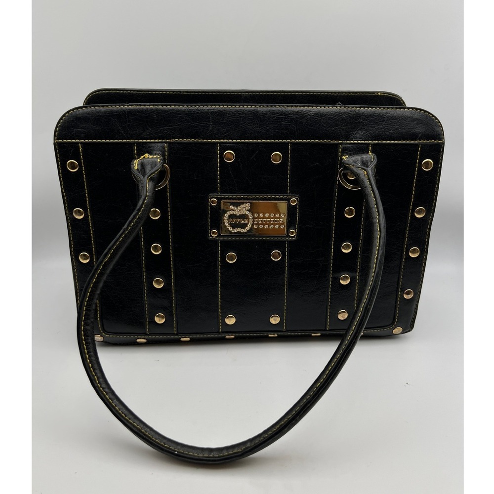 Apple Bottoms Black Faux Leather Studded Shoulder Bag Rhinestone Logo Y2K